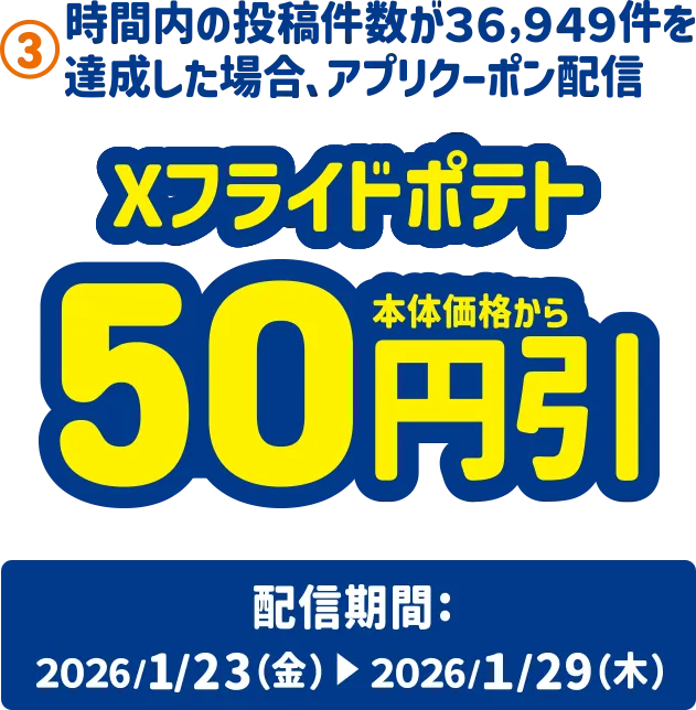 3.時間内の投稿件数が36,949件を達成した場合、アプリクーポン配信 Xフライドポテト50円引き 配信期間：2026/1/23(金)～2026/1/29(木)