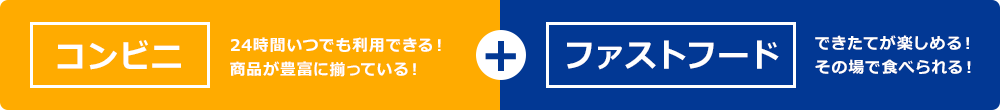 コンビニ 24時間いつでも利用できる!商品が豊富に揃っている!+ファストフード できたてが楽しめる!その場で食べられる!