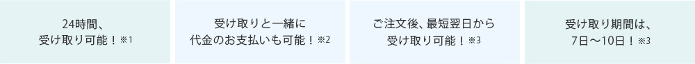 24時間、受け取り可能！ 受け取りと一緒に代金のお支払いも可能！ ご注文後、最短翌日から受け取り可能！ 受け取り期間は、7日～10日！