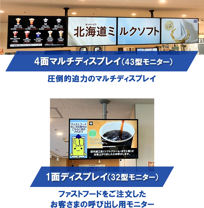 4面マルチディスプレイ(43型モニター） 圧倒的迫力のマルチディスプレイ 1面ディスプレイ(32型モニター） ファストフードをご注文したお客さまの呼び出し用モニター