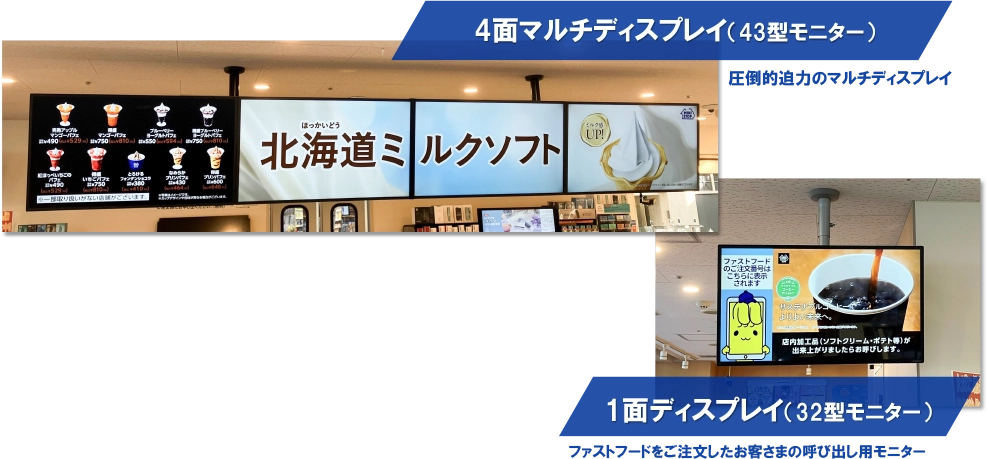 4面マルチディスプレイ(43型モニター） 圧倒的迫力のマルチディスプレイ 1面ディスプレイ(32型モニター） ファストフードをご注文したお客さまの呼び出し用モニター