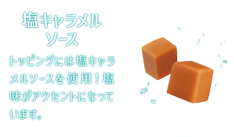 塩キャラメルソース トッピングには塩キャラメルソースを使用！塩味がアクセントになっています。