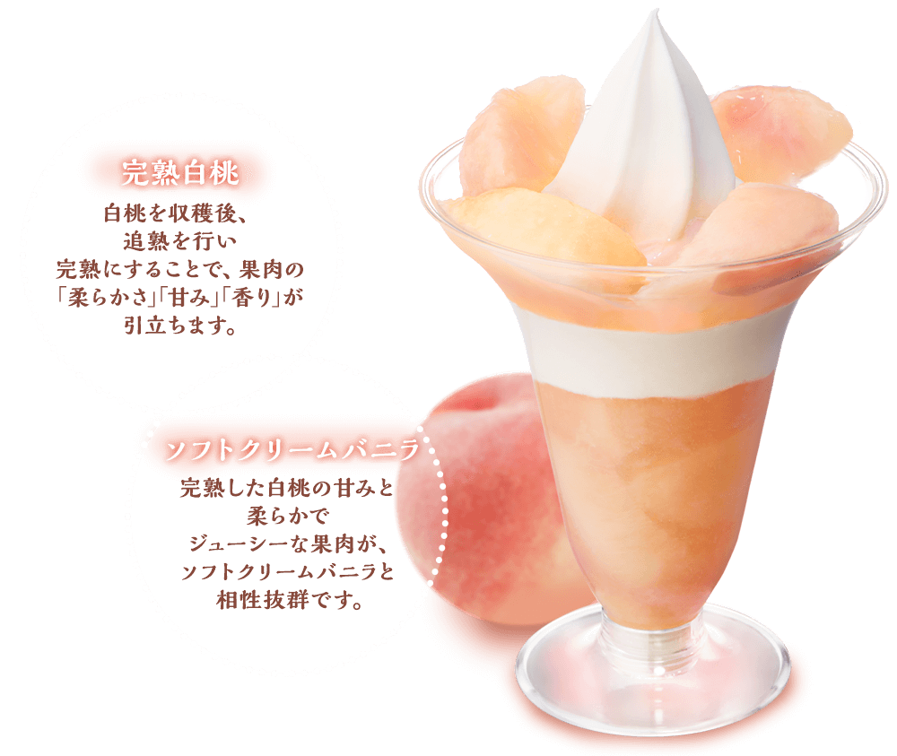 大きな果肉 白桃果肉を大きくカットすることで果肉の食感とボリューム感にこだわりました。完熟白桃 白桃を収穫後、追熟を行い完熟にすることで、果肉の｢柔らかさ｣｢甘み｣｢香り｣が引立ちます。 ソフトクリームバニラ 完熟した白桃の甘みと柔らかでジューシーな果肉が、ソフトクリームバニラと相性抜群です。