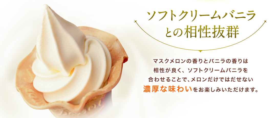 ソフトクリームバニラとの相性抜群　マスクメロンの香りとバニラの香りは相性が良く、 ソフトクリームバニラを合わせることで、メロンだけではだせない濃厚な味わいをお楽しみいただけます。