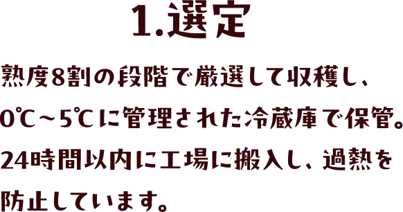 1.選定 熟度8割の段階で厳選して収穫し、0℃～5℃に管理された冷蔵庫で保管。24時間以内に工場に搬入し、過熱を防止しています。