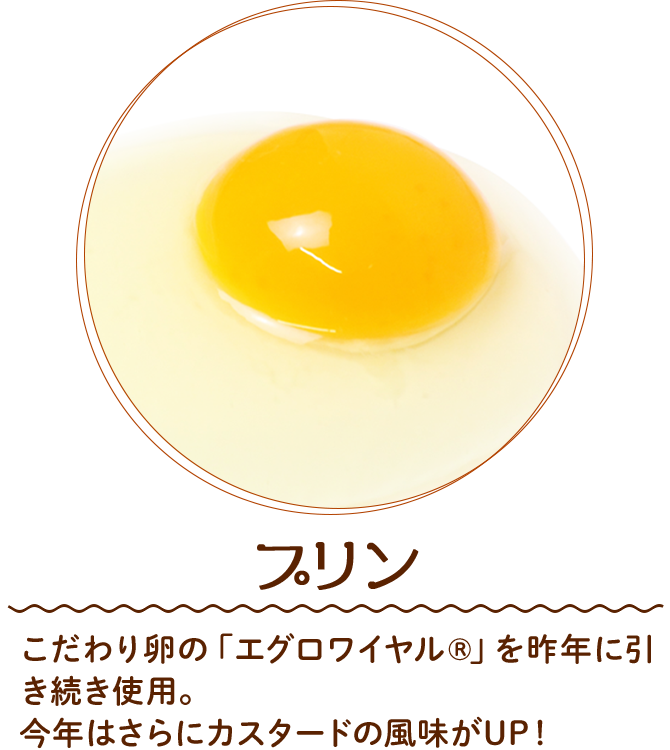 プリン　こだわり卵の「エグロワイヤル」を昨年に引き続き使用。今年はさらにカスタードの風味がUP！