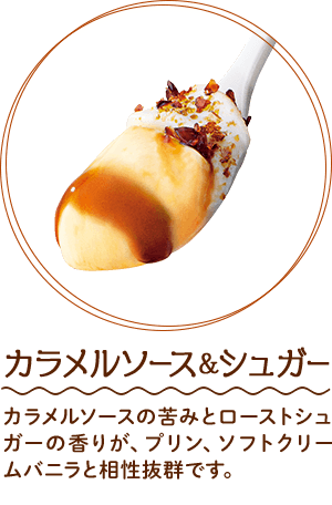 カラメルソース&シュガー　カラメルソースの苦みとローストシュガーの香りが、プリン、ソフトクリームバニラと相性抜群です。