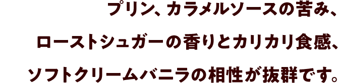 プリン、カラメルソースの苦み、ローストシュガーの香りとカリカリ食感、ソフトクリームバニラの相性が抜群です。