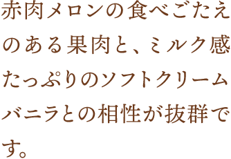 赤肉メロンの食べごたえのある果肉と、ミルク感たっぷりのソフトクリームバニラとの相性が抜群です。