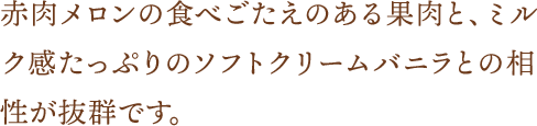 赤肉メロンの食べごたえのある果肉と、ミルク感たっぷりのソフトクリームバニラとの相性が抜群です。
