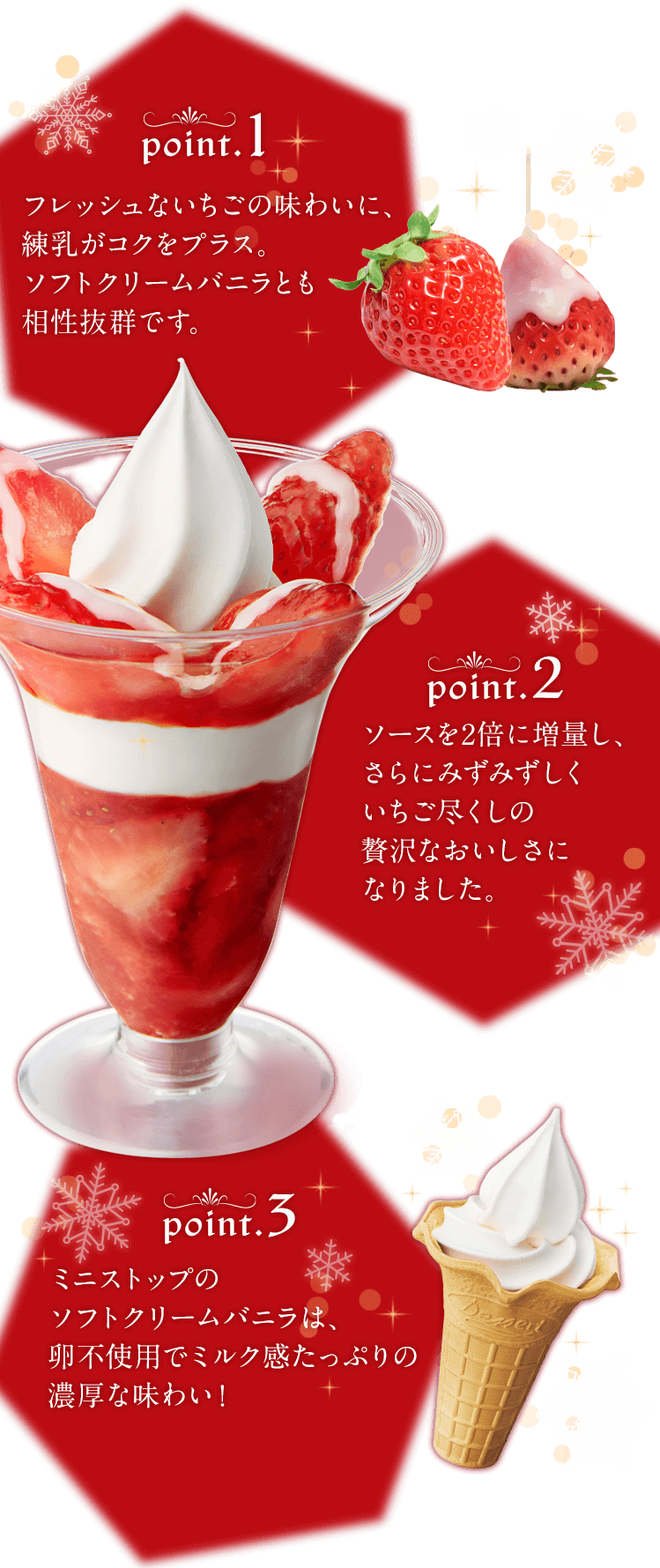 point.1フレッシュないちごの味わいに、練乳がコクをプラス。ソフトクリームバニラとも相性抜群です。point.2ソースを2倍に増量し、さらにみずみずしくいちご尽くしの贅沢なおいしさになりました。　point.3ミニストップのソフトクリームバニラは、卵不使用でミルク感たっぷりの濃厚な味わい！
