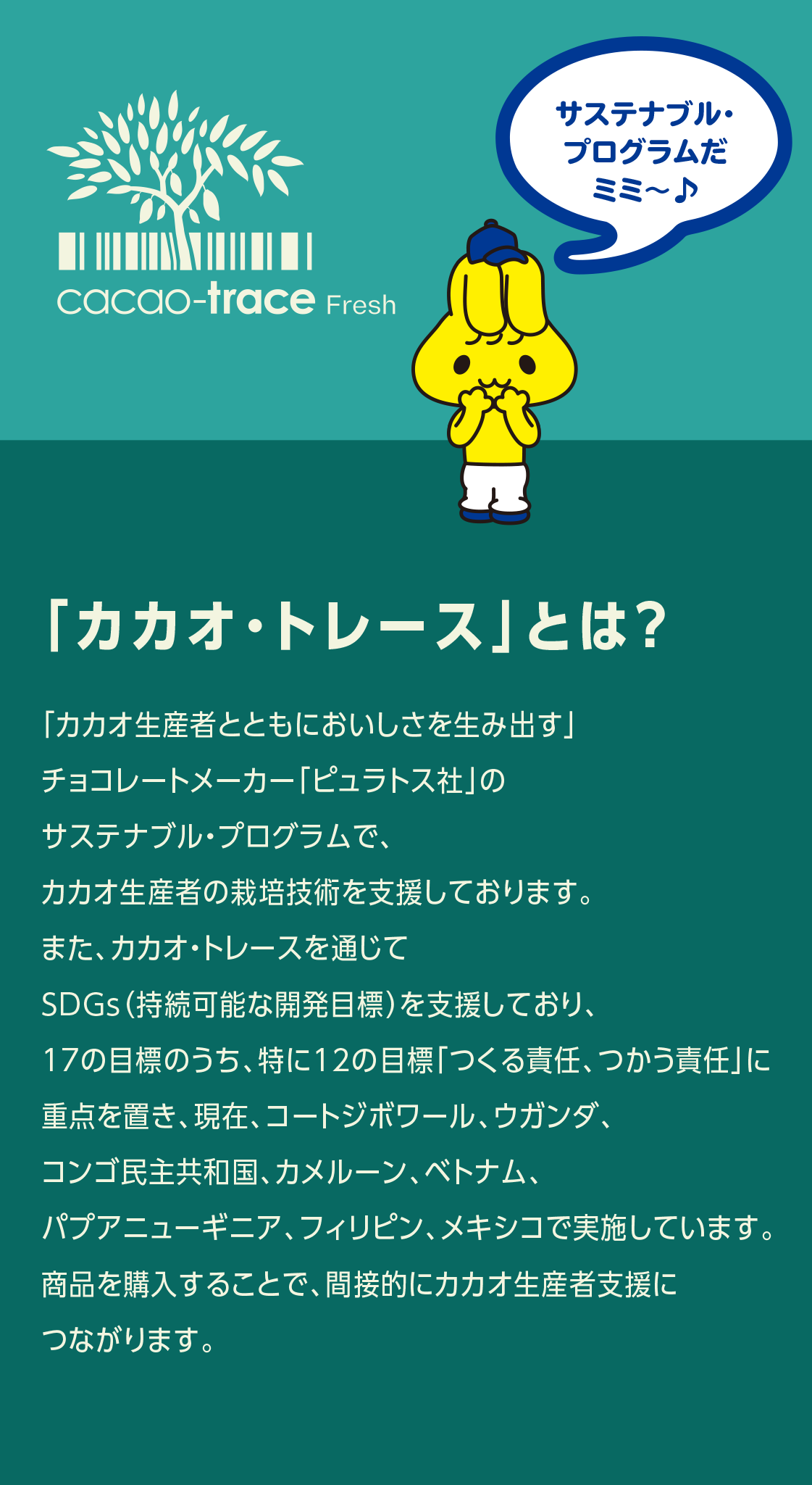 カカオ・トレース」とは？ 「カカオ生産者とともにおいしさを生み出す」チョコレートメーカー「ピュラトス社」のサステナブル・プログラムで、カカオ生産者の栽培技術を支援しております。また、カカオ・トレースを通じてSDGs（持続可能な開発目標）を支援しており、17の目標のうち、特に12の目標「つくる責任、つかう責任」に重点を置き、現在、コートジボワール、ウガンダ、コンゴ民主共和国、カメルーン、ベトナム、パプアニューギニア、フィリピン、メキシコで実施しています。商品を購入することで、間接的にカカオ生産者支援につながります。